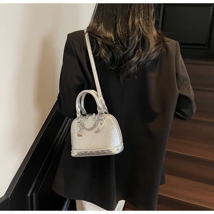 Champagne Gold Shoulder Bag with Chain & Pearl Accents — feature 19