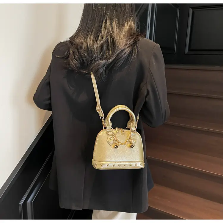 Champagne Gold Shoulder Bag with Chain & Pearl Accents — feature 21