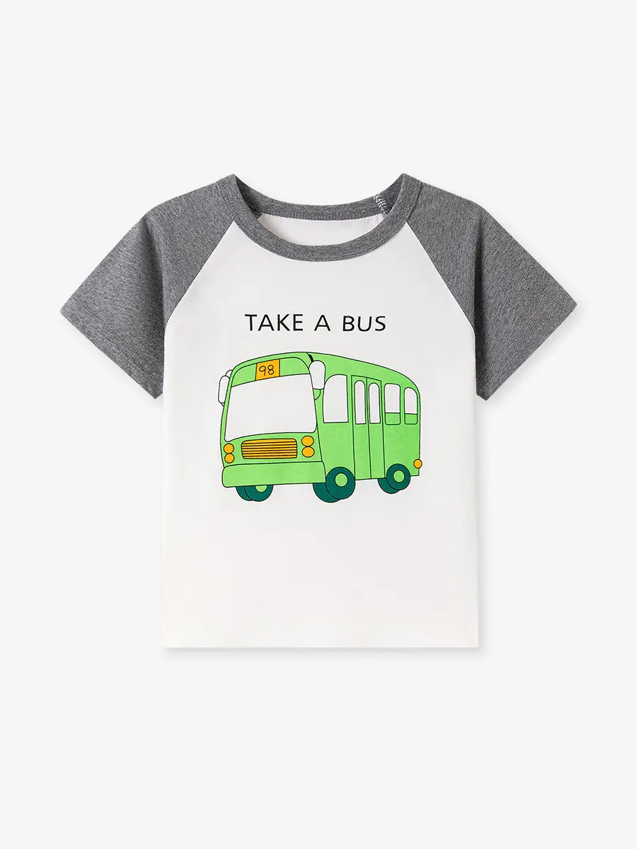 Little Bus Print Boys T-Shirt Grey White - Image 7