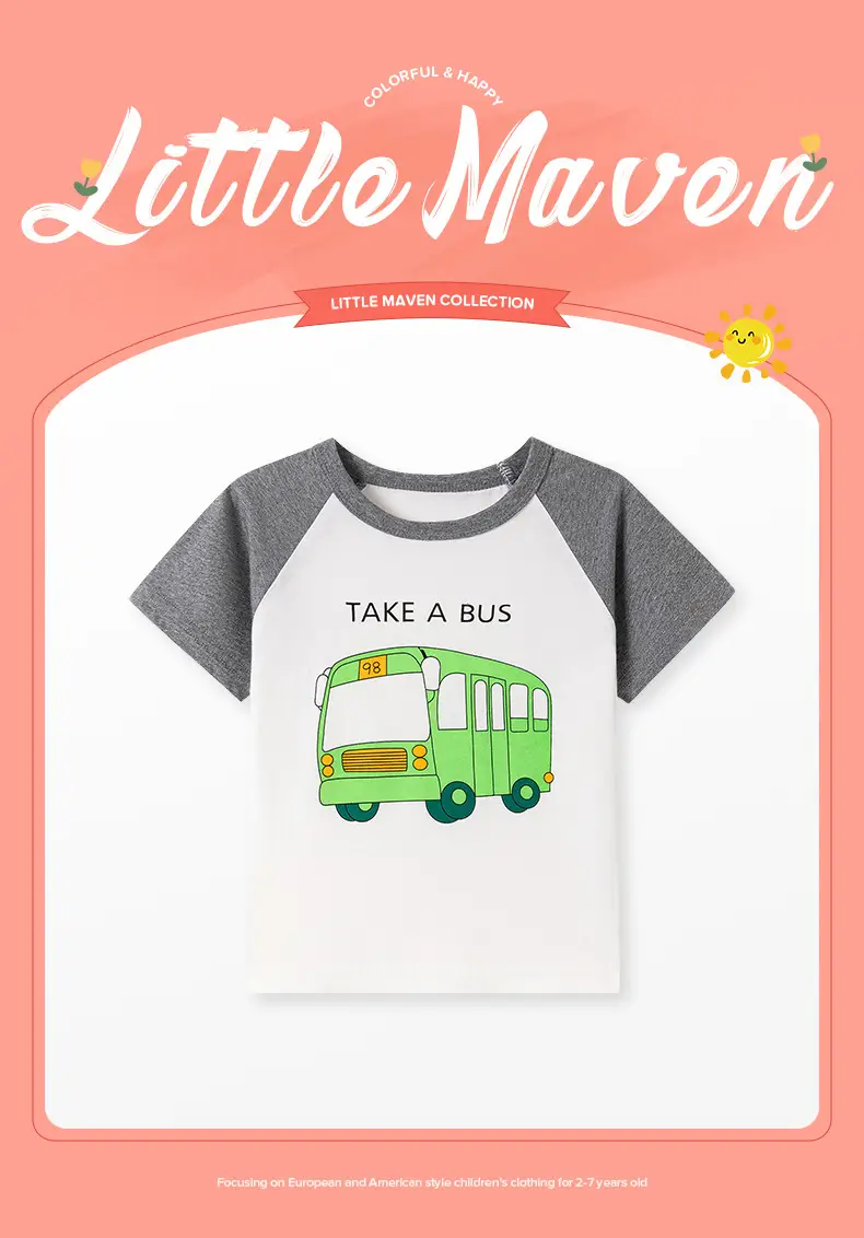 Little Bus Print Boys T-Shirt Grey White — feature 14