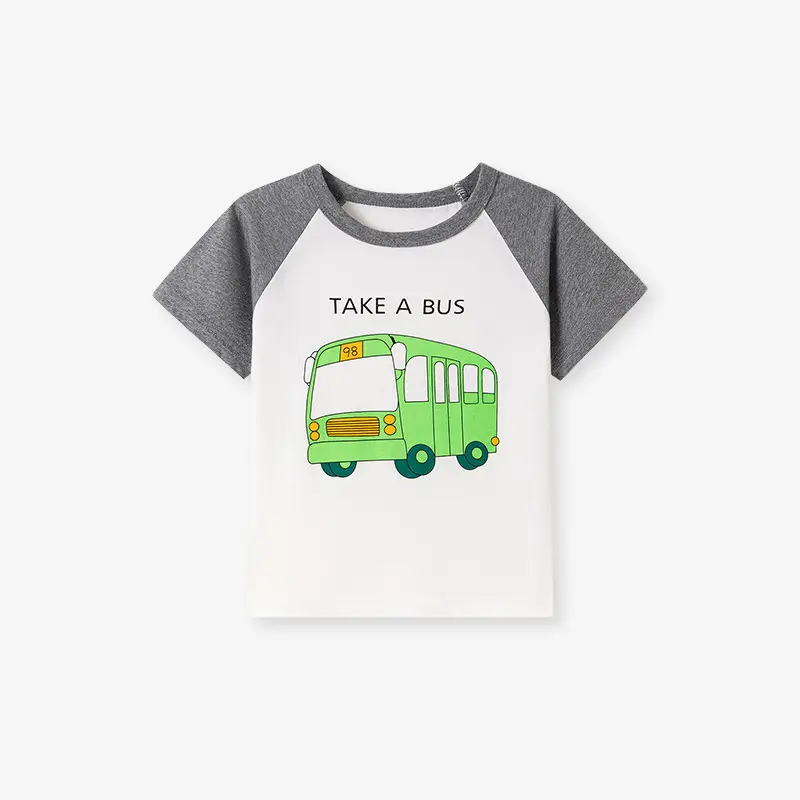 Little Bus Print Boys T-Shirt Grey White - Image 2