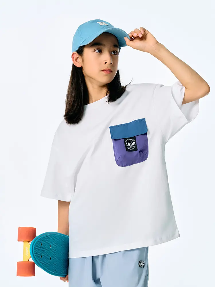 Kids Japanese Style T-Shirt Navy Blue Pocket Short Sleeve