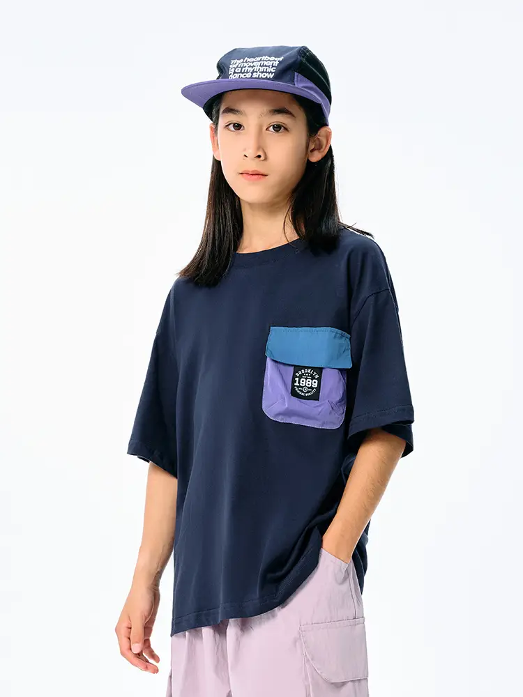 Kids Japanese Style T-Shirt Navy Blue Pocket Short Sleeve