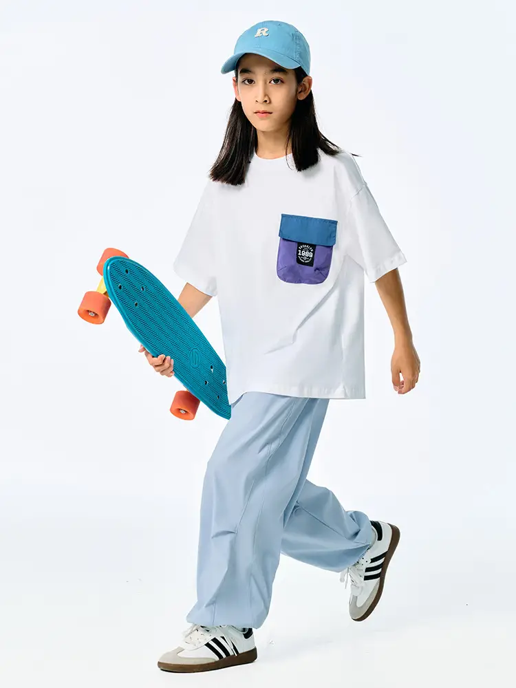 Kids Japanese Style T-Shirt Navy Blue Pocket Short Sleeve