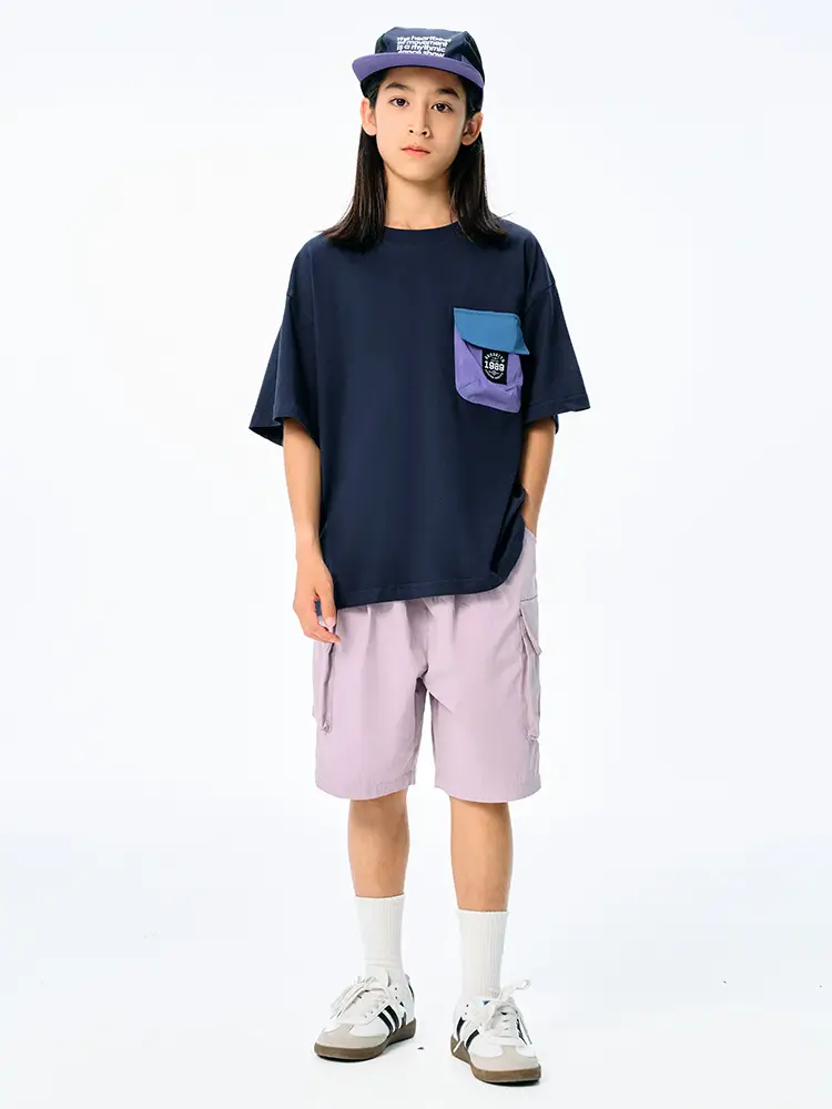 Kids Japanese Style T-Shirt Navy Blue Pocket Short Sleeve