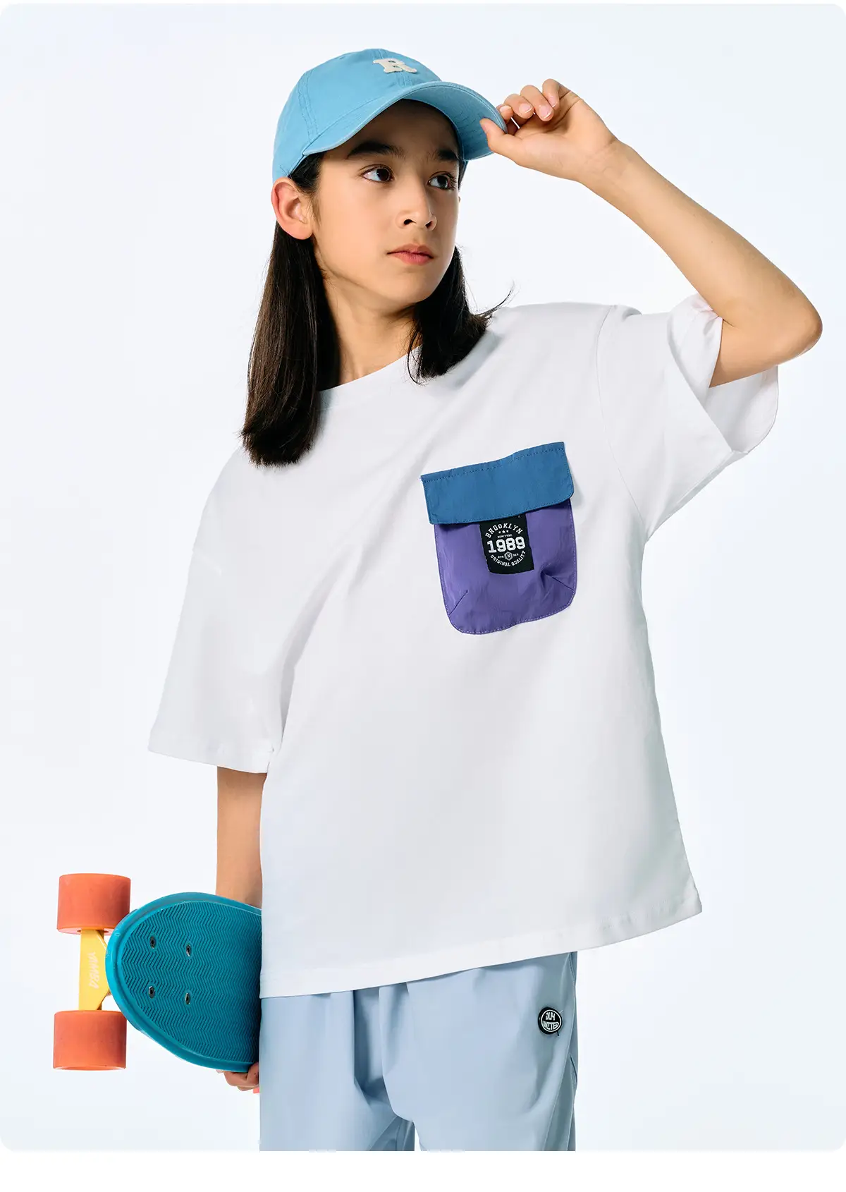 Kids Japanese Style T-Shirt Navy Blue Pocket Short Sleeve — feature 14