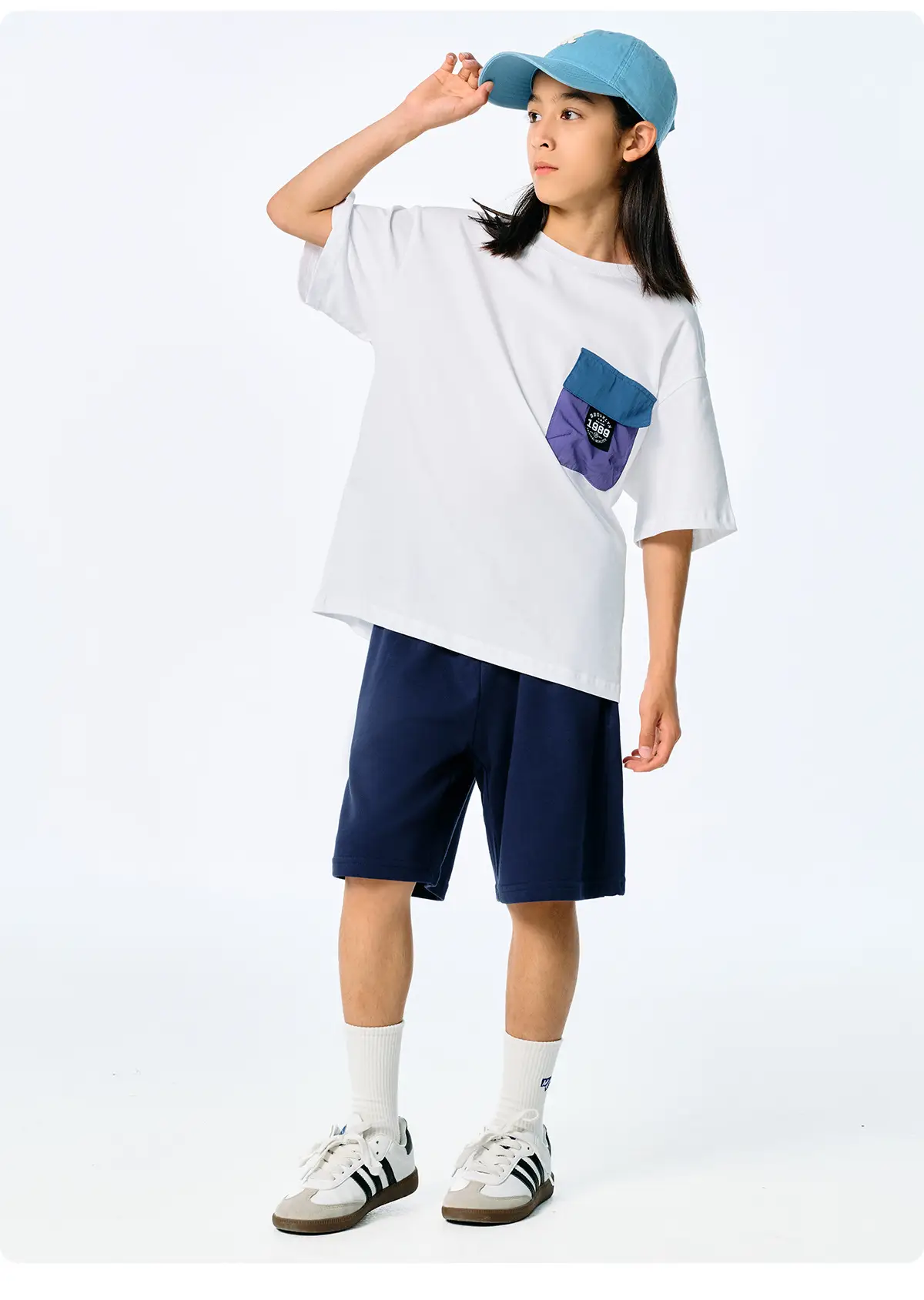 Kids Japanese Style T-Shirt Navy Blue Pocket Short Sleeve — feature 15