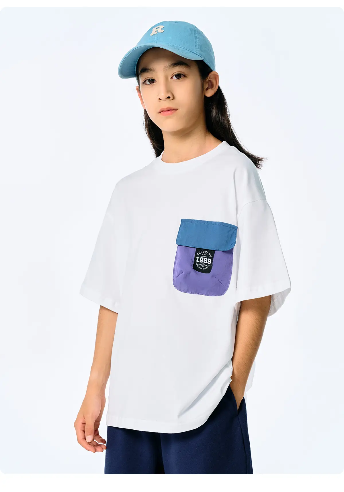 Kids Japanese Style T-Shirt Navy Blue Pocket Short Sleeve — feature 17
