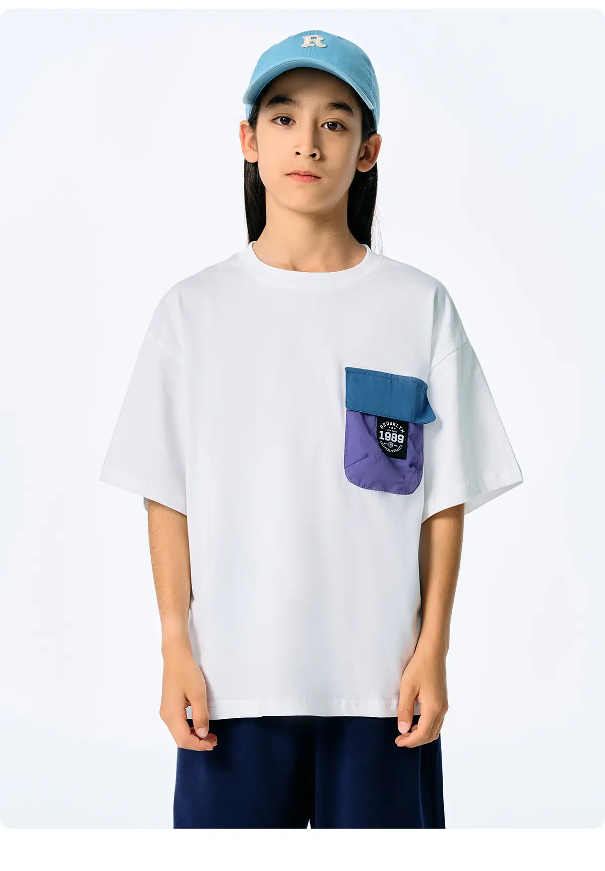 Kids Japanese Style T-Shirt Navy Blue Pocket Short Sleeve — feature 18