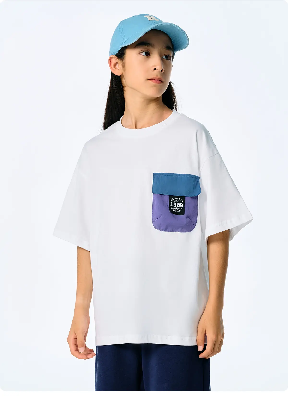 Kids Japanese Style T-Shirt Navy Blue Pocket Short Sleeve — feature 19