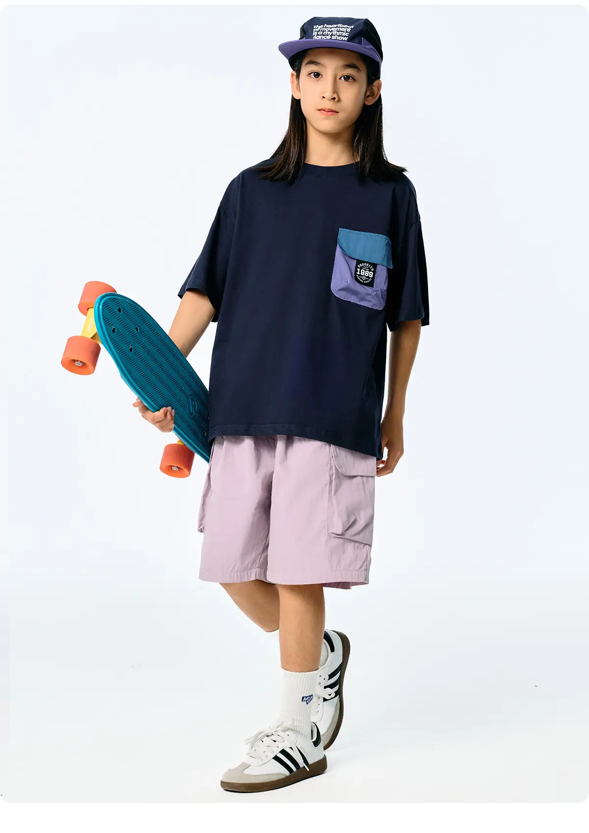 Kids Japanese Style T-Shirt Navy Blue Pocket Short Sleeve — feature 21