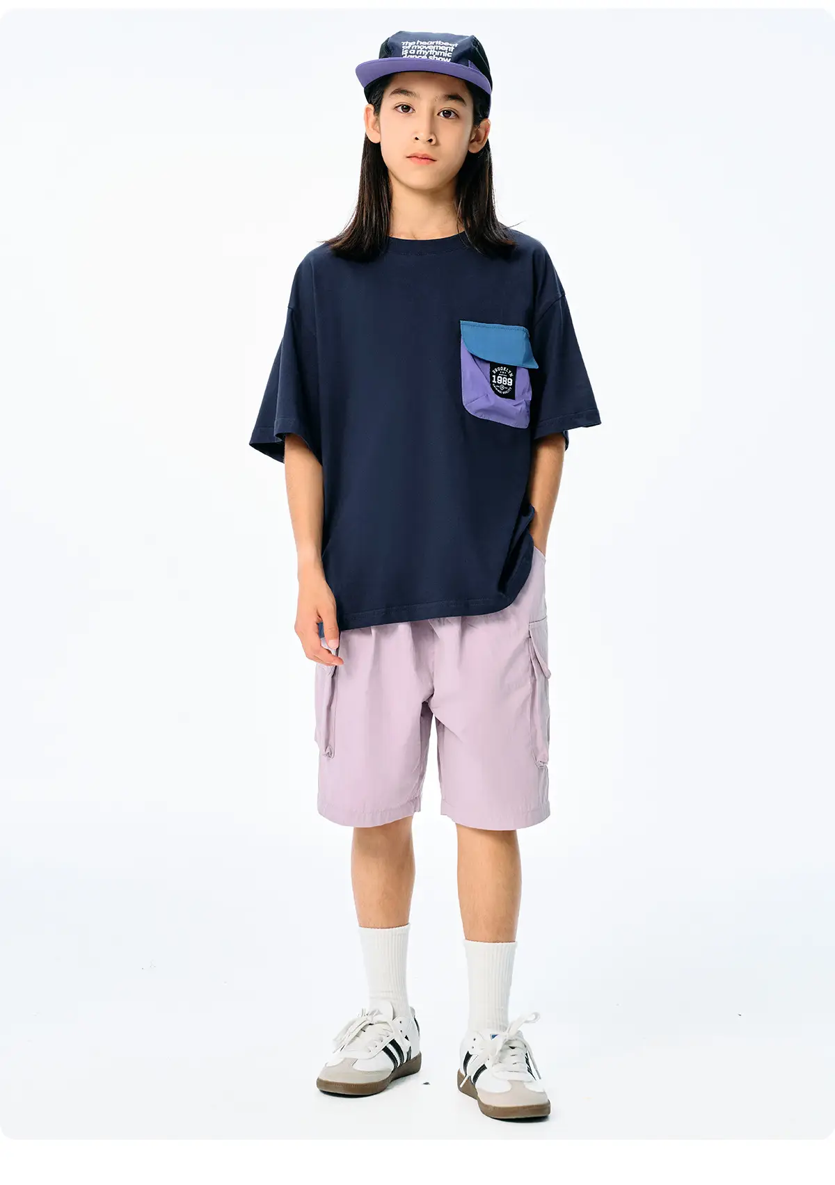 Kids Japanese Style T-Shirt Navy Blue Pocket Short Sleeve — feature 22