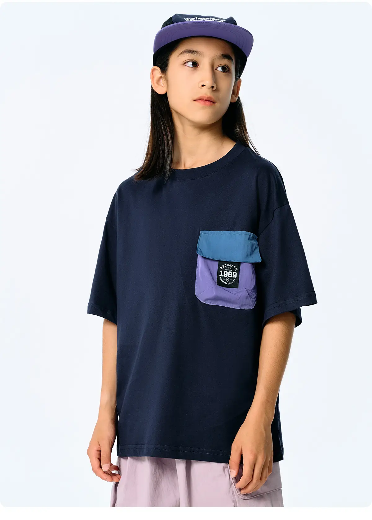Kids Japanese Style T-Shirt Navy Blue Pocket Short Sleeve — feature 24