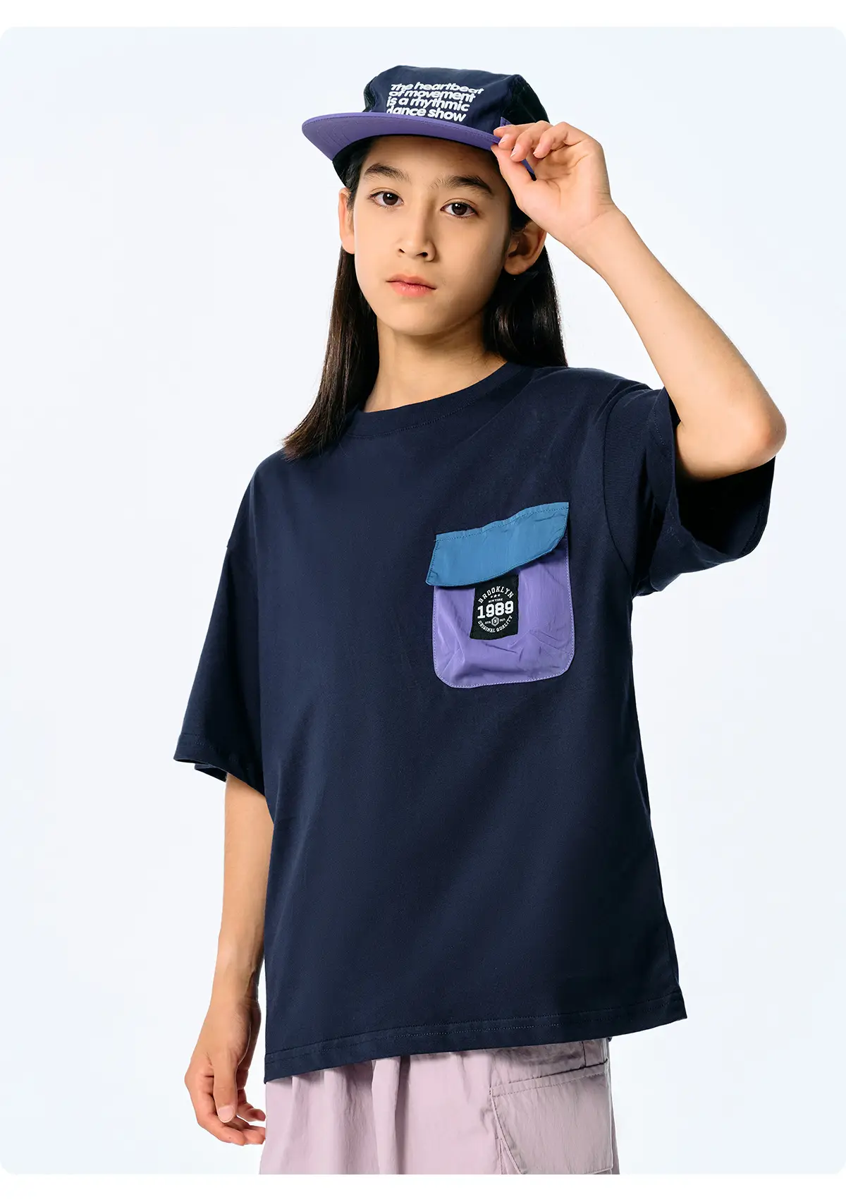Kids Japanese Style T-Shirt Navy Blue Pocket Short Sleeve — feature 25