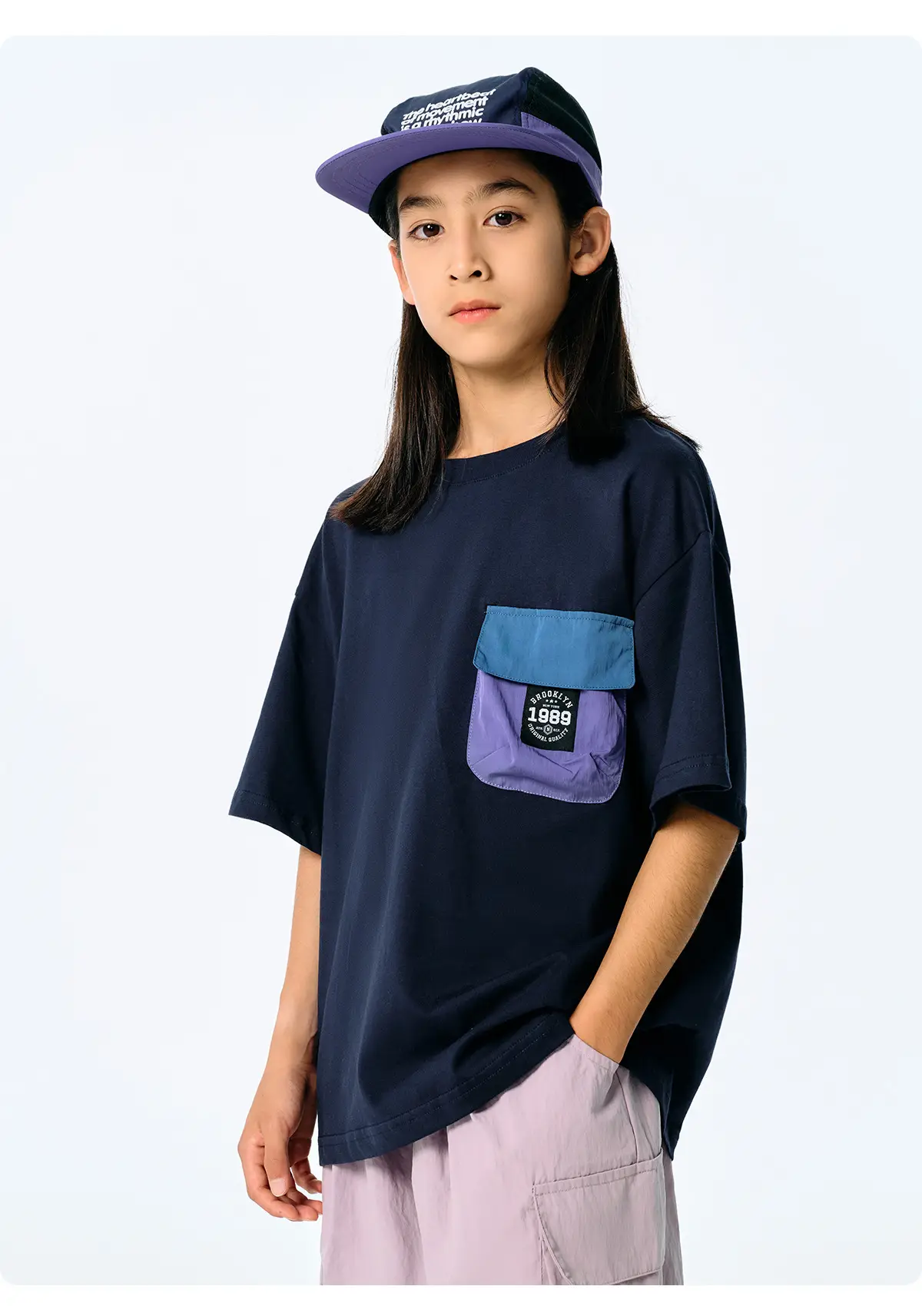 Kids Japanese Style T-Shirt Navy Blue Pocket Short Sleeve — feature 26
