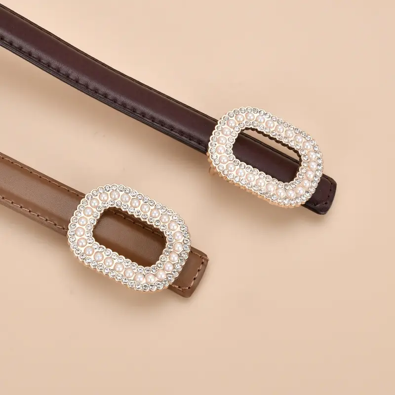 Women Pearl Rhinestone Leather Belt Light Gray All Match
