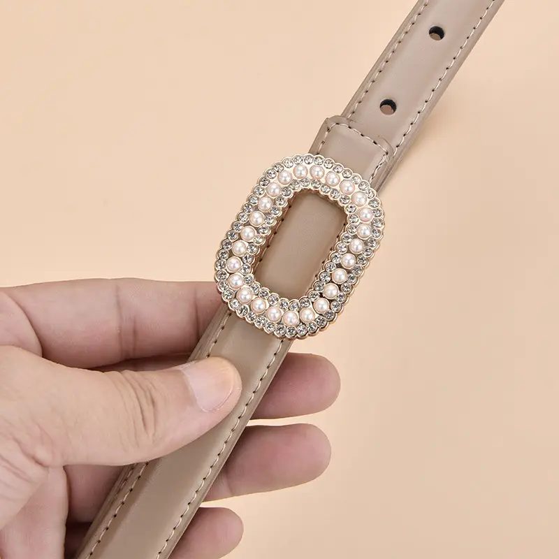 Women Pearl Rhinestone Leather Belt Light Gray All Match