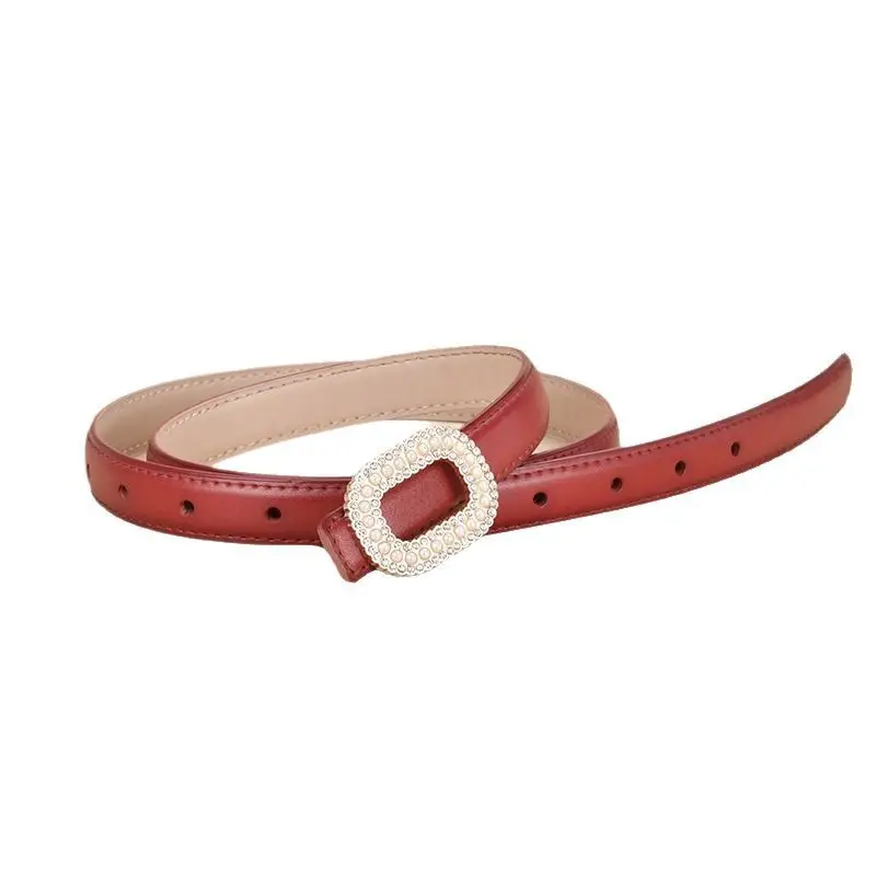 Women Pearl Rhinestone Leather Belt Light Gray All Match
