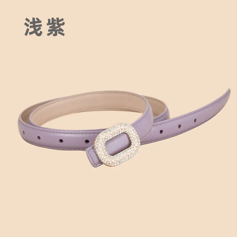 Women Pearl Rhinestone Leather Belt Light Gray All Match