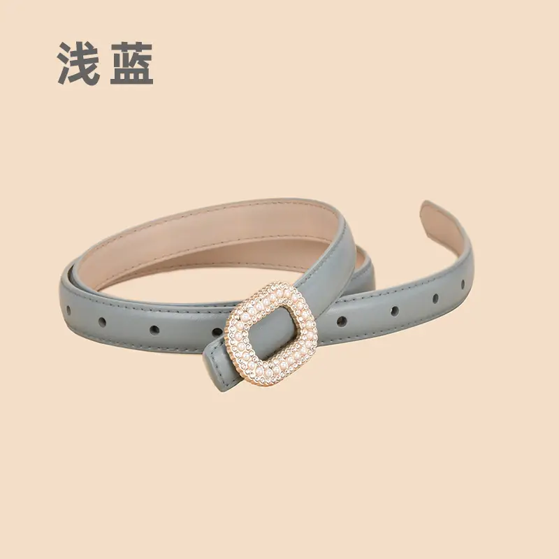 Women Pearl Rhinestone Leather Belt Light Gray All Match