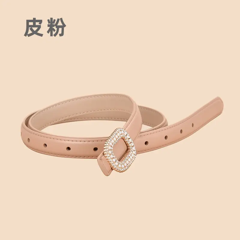 Women Pearl Rhinestone Leather Belt Light Gray All Match