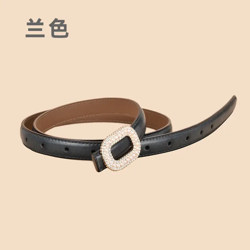 Women Pearl Rhinestone Leather Belt Light Gray All Match