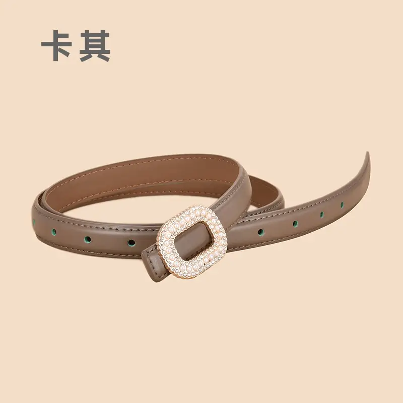 Women Pearl Rhinestone Leather Belt Light Gray All Match