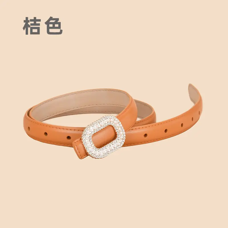 Women Pearl Rhinestone Leather Belt Light Gray All Match