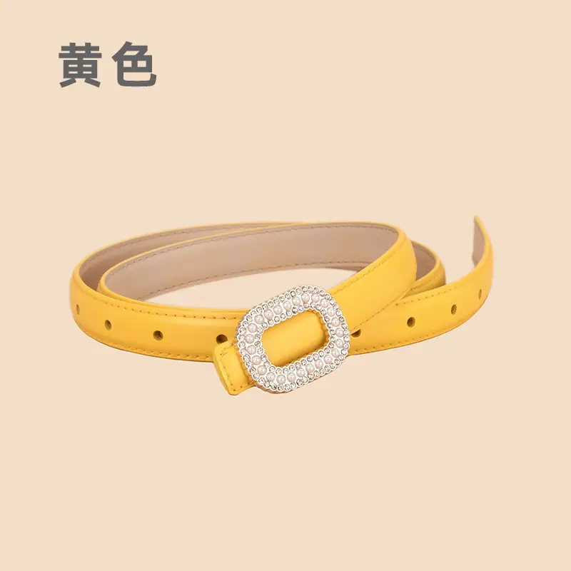 Women Pearl Rhinestone Leather Belt Light Gray All Match