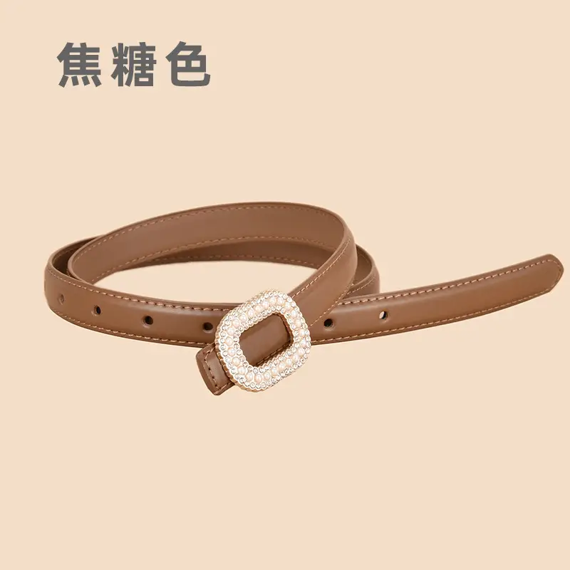Women Pearl Rhinestone Leather Belt Light Gray All Match