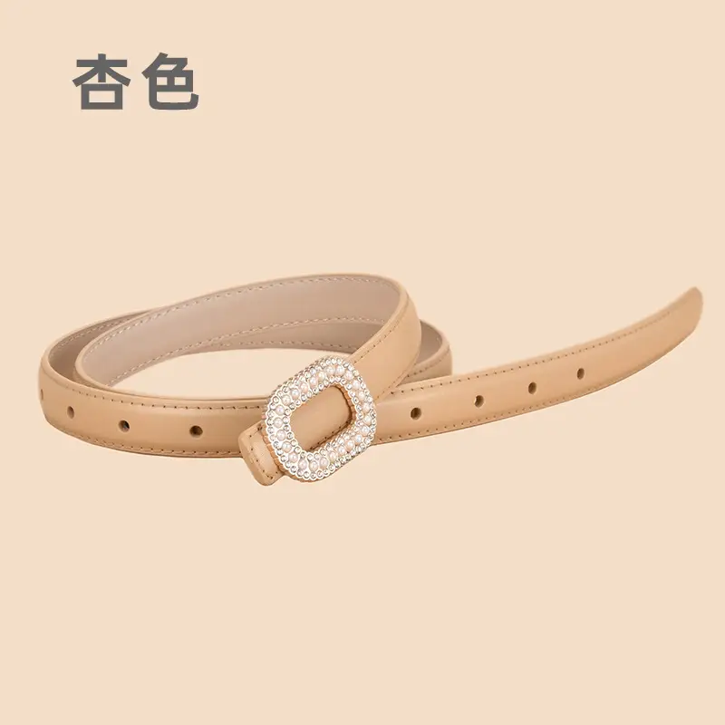 Women Pearl Rhinestone Leather Belt Light Gray All Match