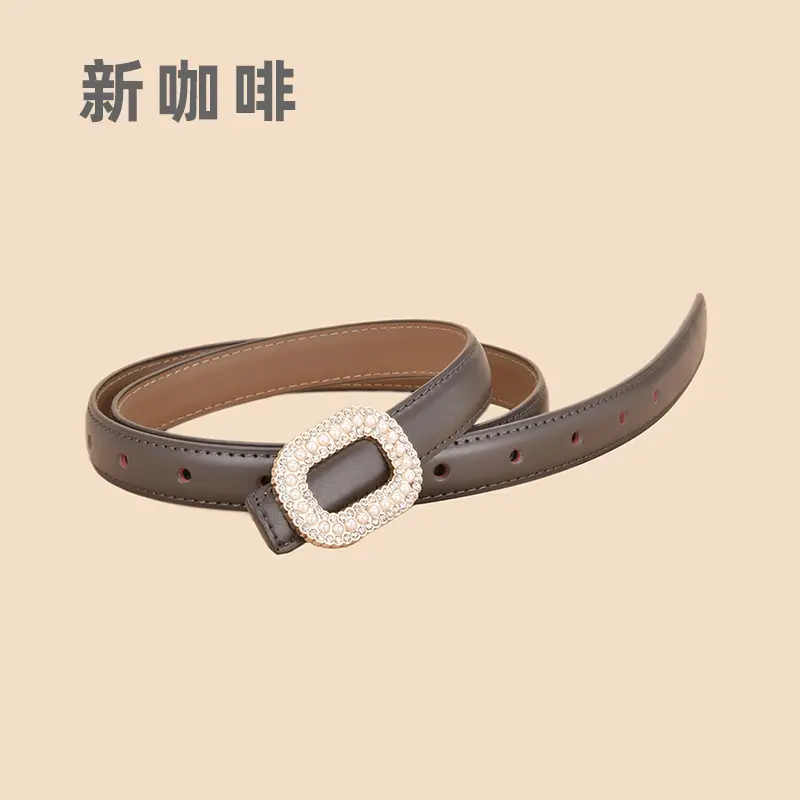 Women Pearl Rhinestone Leather Belt Light Gray All Match