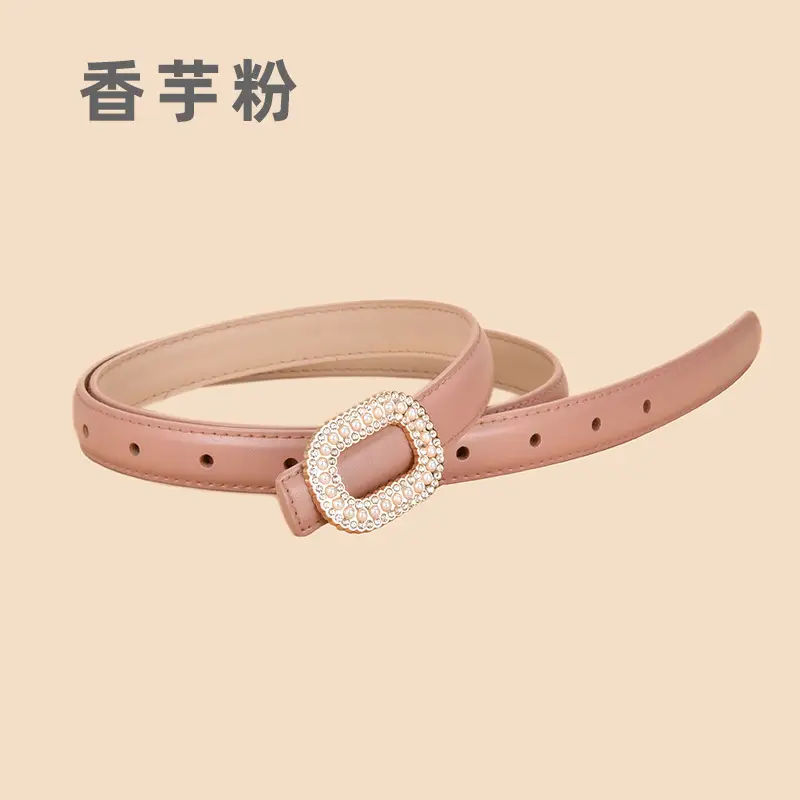 Women Pearl Rhinestone Leather Belt Light Gray All Match
