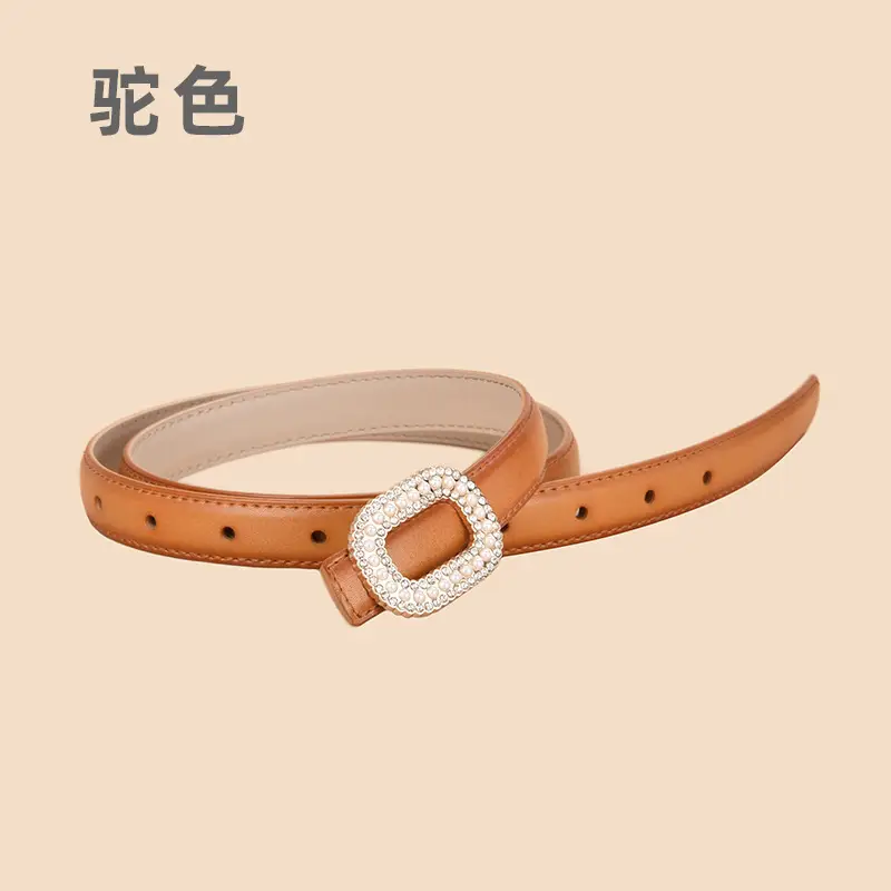 Women Pearl Rhinestone Leather Belt Light Gray All Match