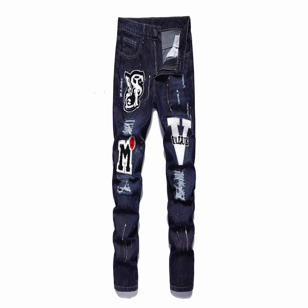Dark Blue Spray Painted Hip Hop Jeans for Men
