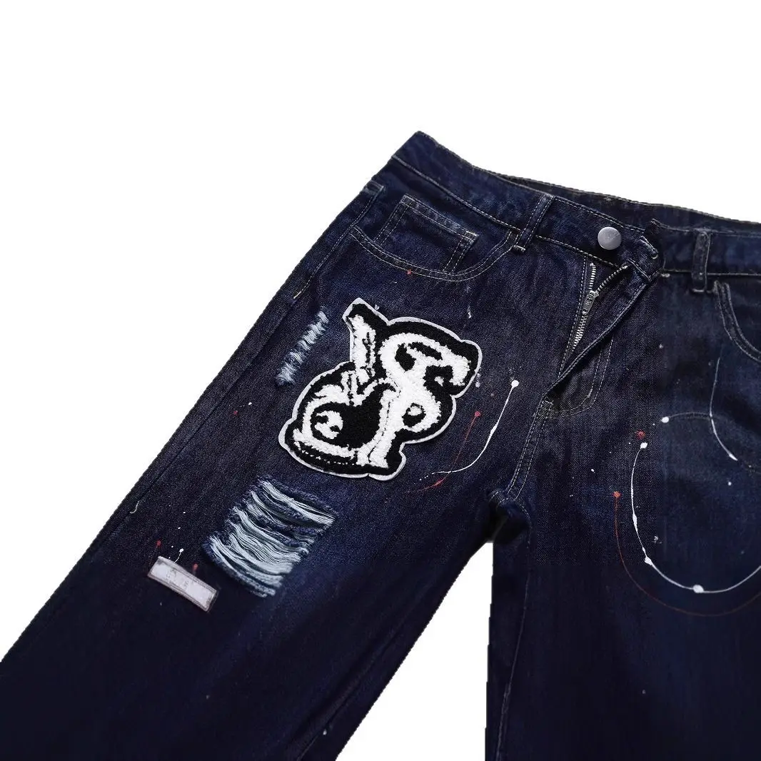 Dark Blue Spray Painted Hip Hop Jeans for Men