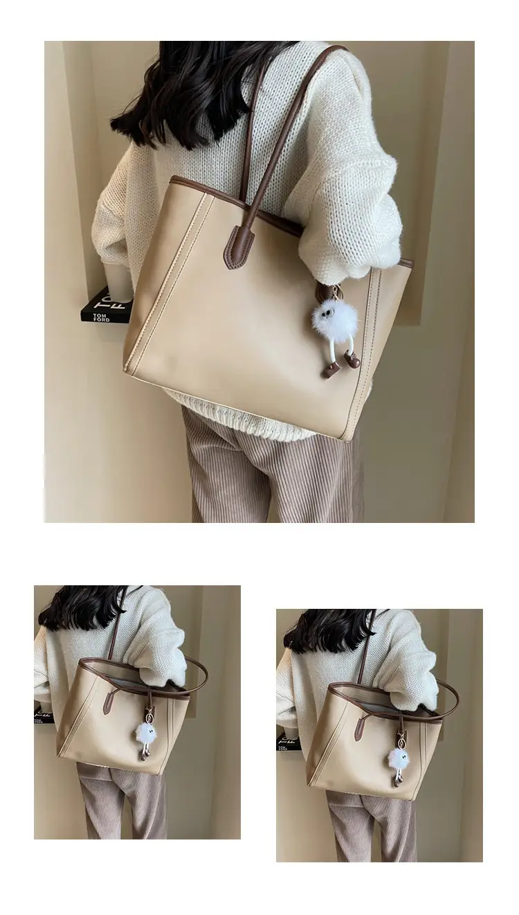 Women's Cream Leather Shoulder Bag with Keychain — feature 10