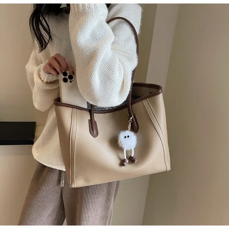 Women's Cream Leather Shoulder Bag with Keychain — feature 26