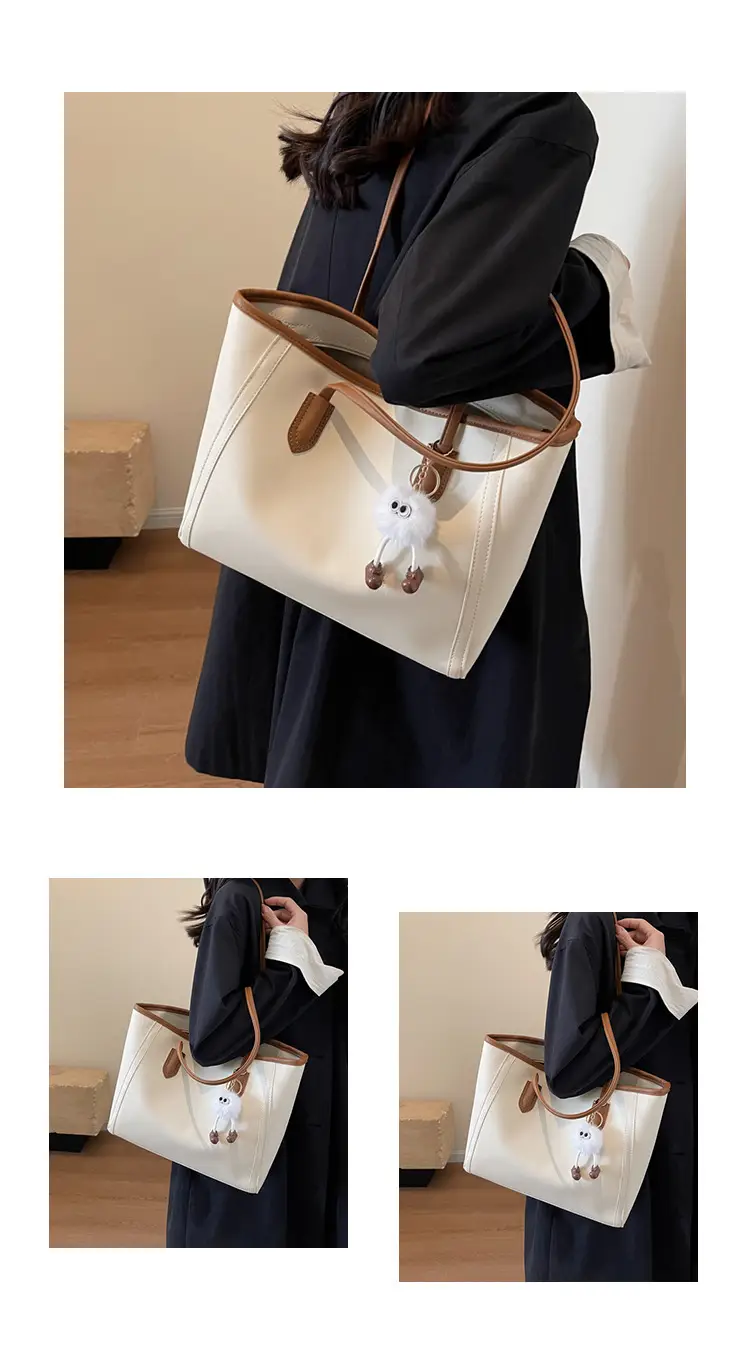 Women's Cream Leather Shoulder Bag with Keychain — feature 8