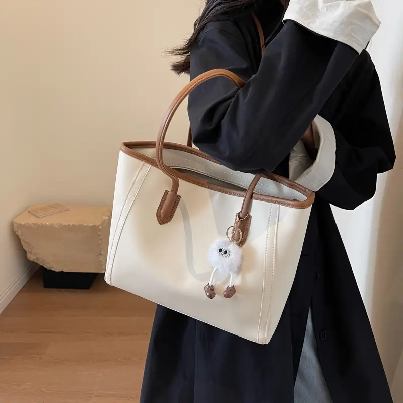 Women's Cream Leather Shoulder Bag with Keychain