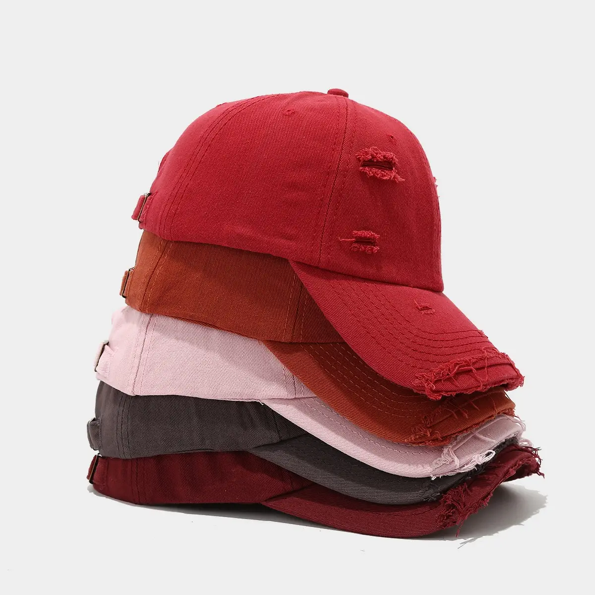 Men Women Distressed Cotton Baseball Cap Red — feature 5