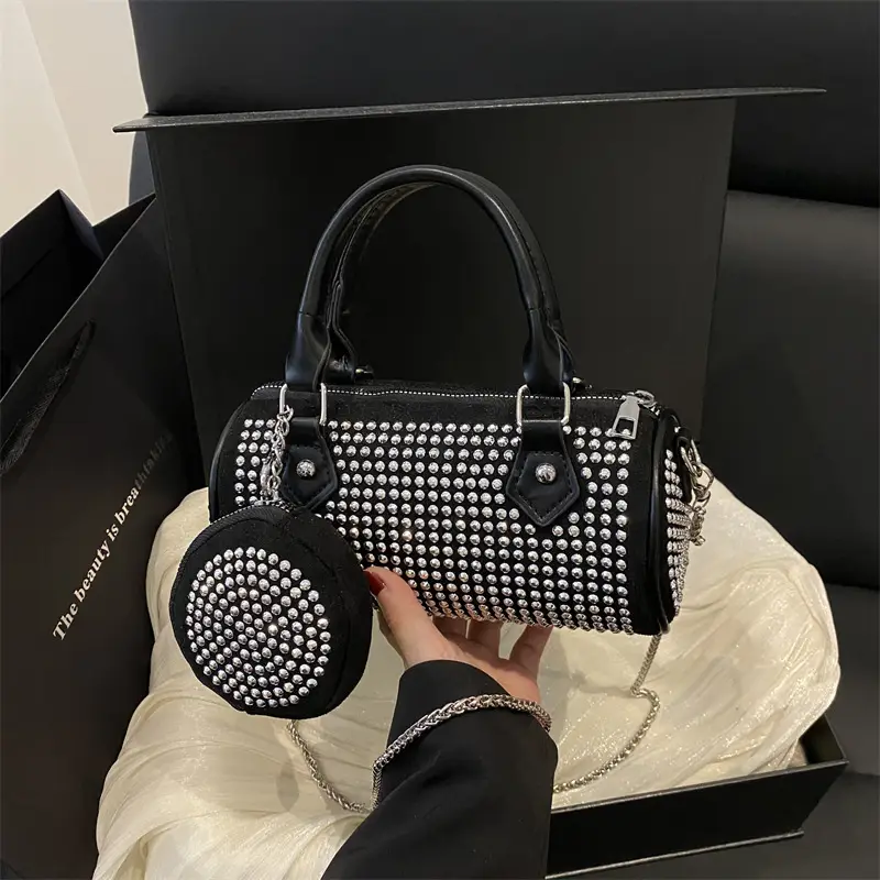 Black Rhinestone Cylinder Bag with Chain & Crossbody Design - Image 3