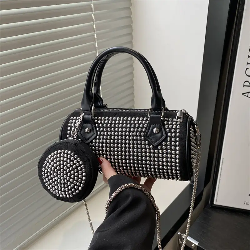 Black Rhinestone Cylinder Bag with Chain & Crossbody Design - Image 4