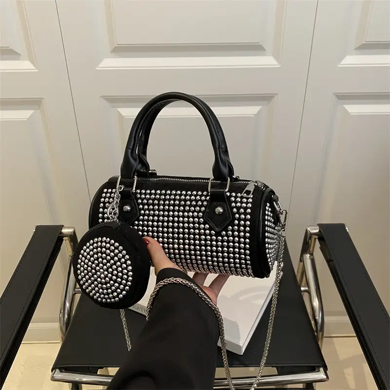 Black Rhinestone Cylinder Bag with Chain & Crossbody Design - Image 5