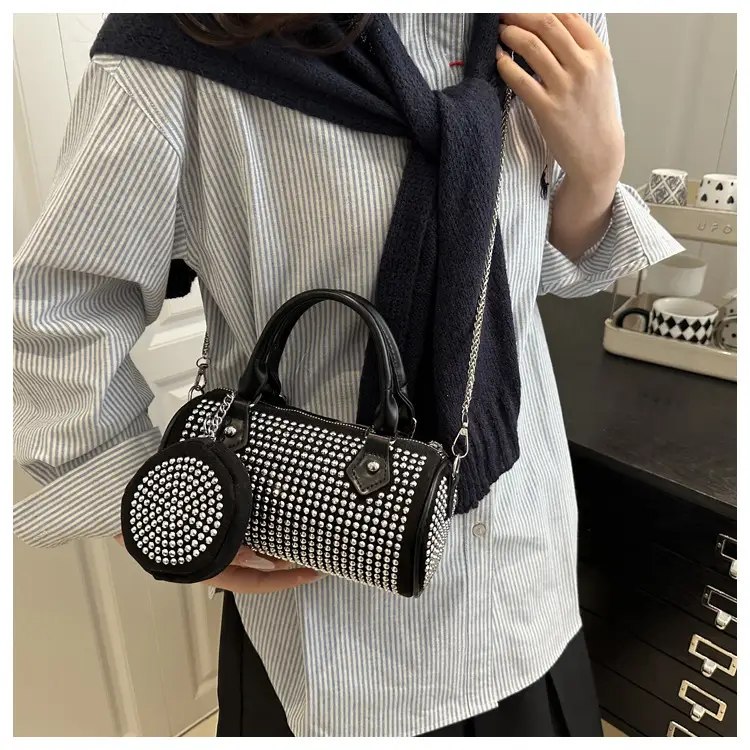 Black Rhinestone Cylinder Bag with Chain & Crossbody Design — feature 11