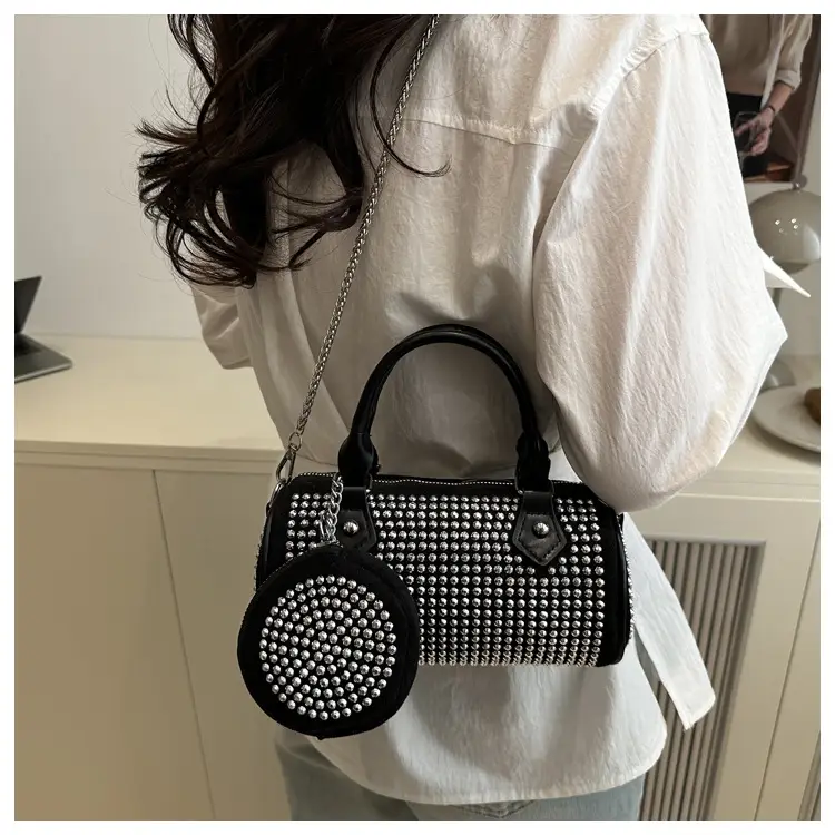 Black Rhinestone Cylinder Bag with Chain & Crossbody Design — feature 13