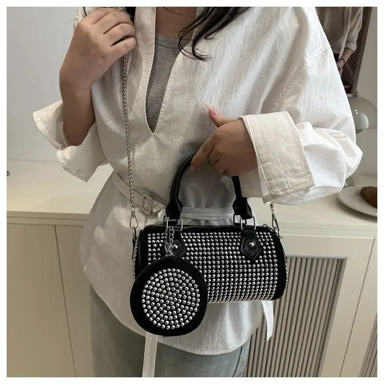 Black Rhinestone Cylinder Bag with Chain & Crossbody Design — feature 14