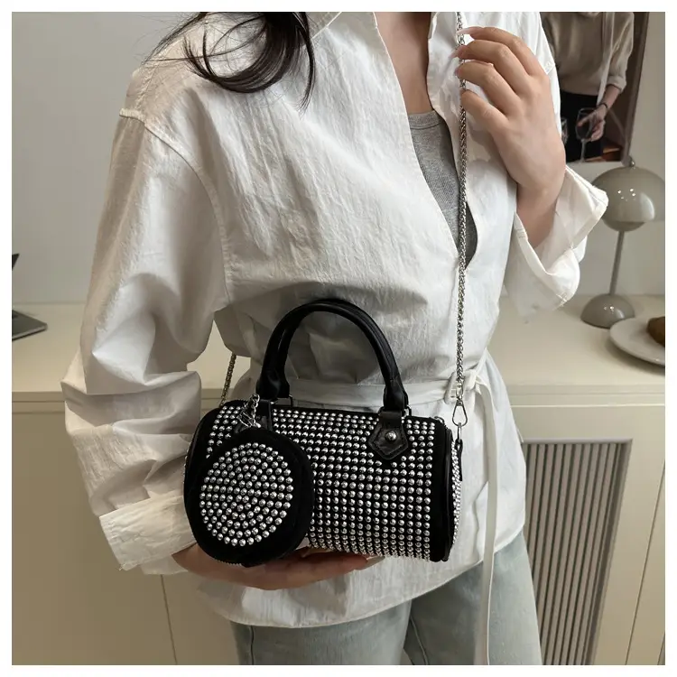 Black Rhinestone Cylinder Bag with Chain & Crossbody Design — feature 15
