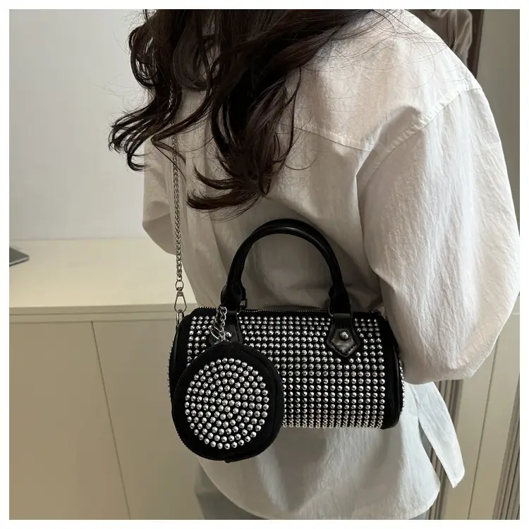 Black Rhinestone Cylinder Bag with Chain & Crossbody Design — feature 16