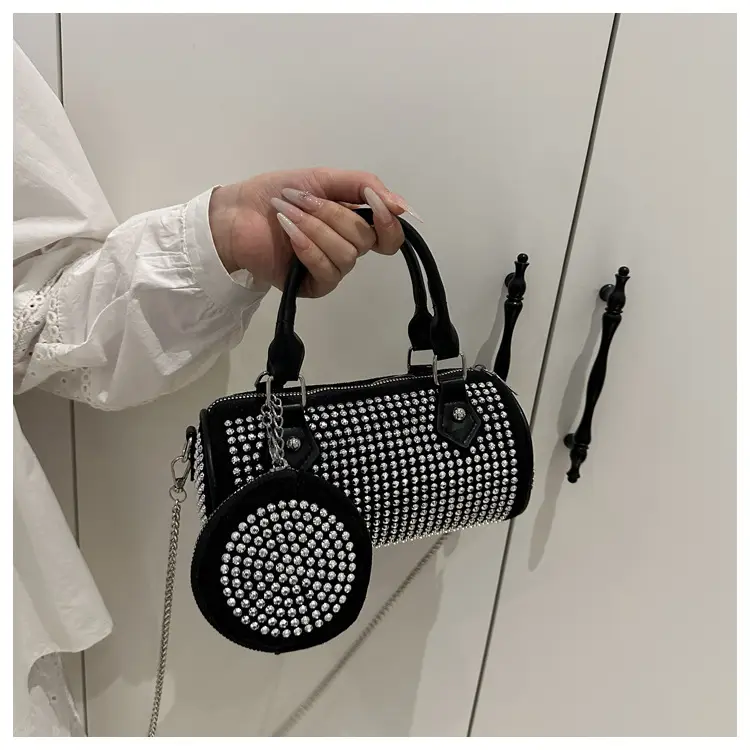 Black Rhinestone Cylinder Bag with Chain & Crossbody Design — feature 17
